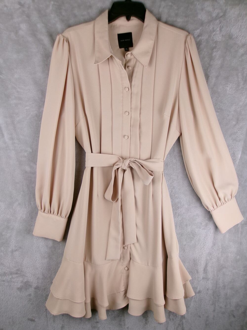 Alex Marie Tan Button Front Tie Waist Ruffle Hem Dress Size 12